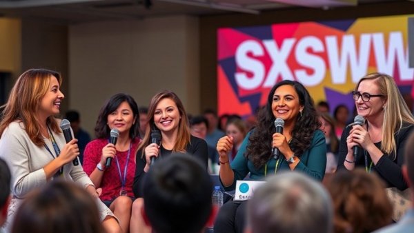 Panel discussion at SXSW event, vibrant setting, women discussing.