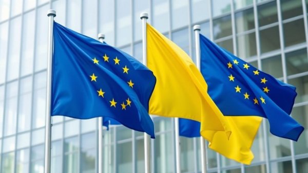 EU flags waving in front of a modern building, symbolizing governance.