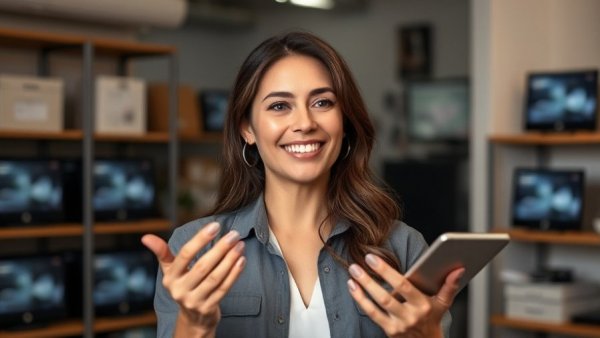 Professional discussing product for longevity, engaged expression.