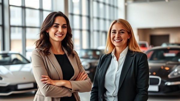 Professional women in showroom discussing future of mobility for SMBs.
