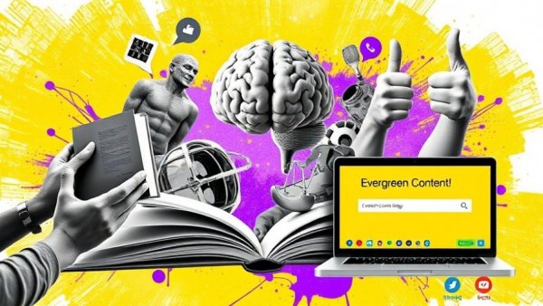 Evergreen content strategy illustrated with creative collage elements.