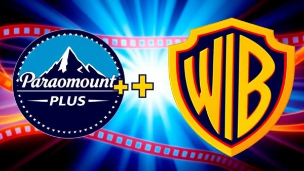 Contrasting Paramount Plus and Warner Bros logos, vivid colors, cinematic theme