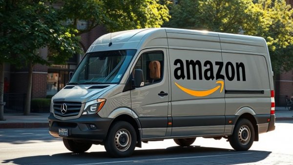 Amazon delivery van on city street reflecting sunlight.