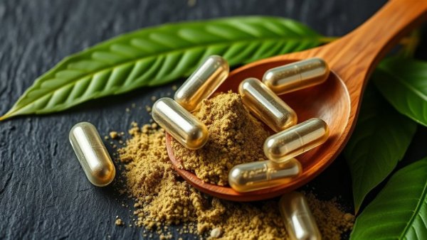 Kratom capsules, powder, and leaves on dark surface, highlighting kratom poisonings rise.