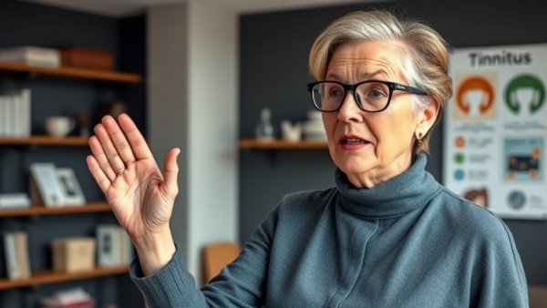 Woman explaining instant tinnitus relief methods in a studio.