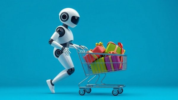 Futuristic robot shopping with cart full of gifts, Agentic AI Shopping.