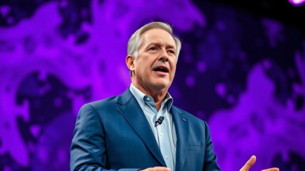 Middle-aged man in a blue suit delivering a speech with a dynamic purple abstract background.