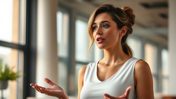 Confident woman discussing iron levels and hair health, indoors.