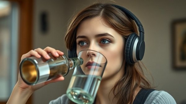 Thoughtful woman drinking water with headphones, soft lighting
