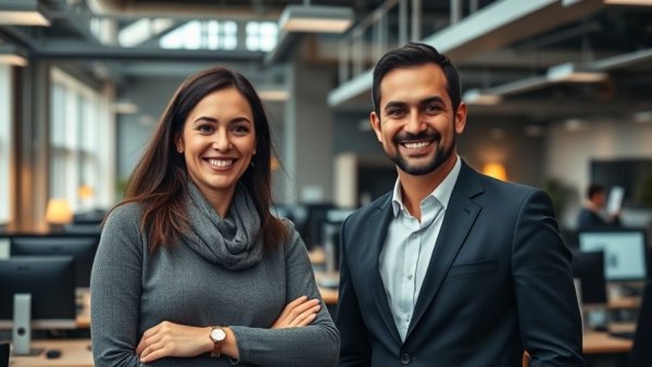 Two business professionals in a modern office, showcasing open source AI for SMBs.