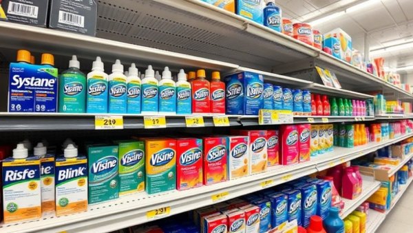 Eye Drop Recall Impact on Consumer Health: Store shelf with various eye drop brands.