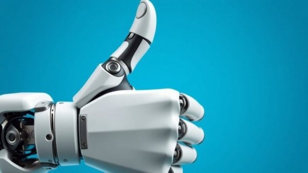 Futuristic robotic hand giving thumbs-up, X bot purge concept.