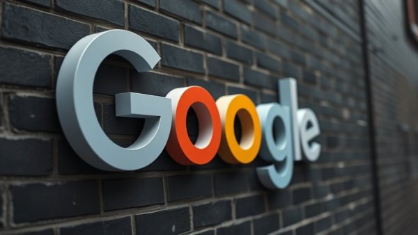 Close-up of Google logo on dark brick wall, sleek and modern.