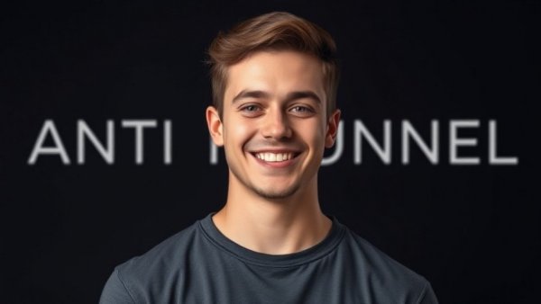 Confident young man smiling with 'ANTI FUNNEL' text, make money with walk-up webinars concept.