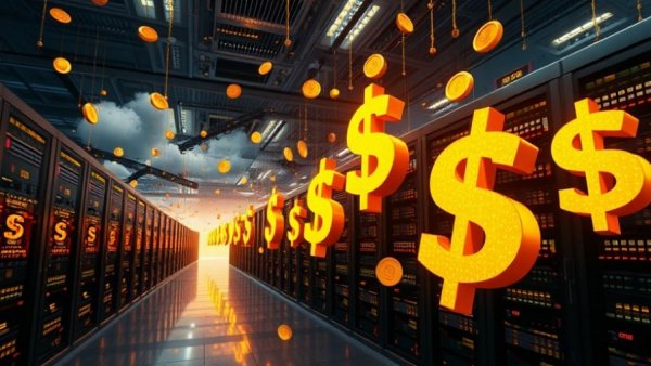 AI datacenter funding news with raining dollar symbols and servers.