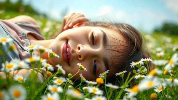 Pinterest ad campaign promoting digital detox with person relaxing in daisies.