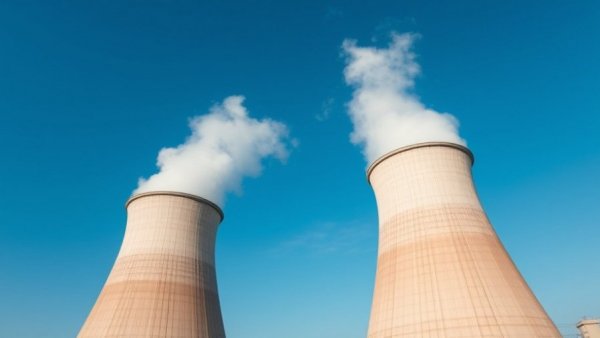 Cooling towers emitting steam in a clear sky, related to Amazon-backed X-energy IPO.