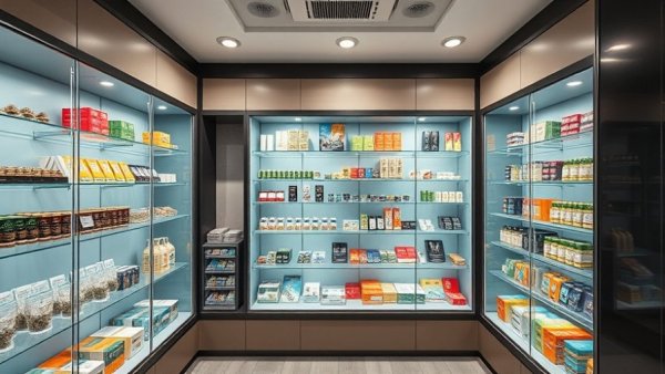 Colorful cannabis product display in Michigan dispensary.