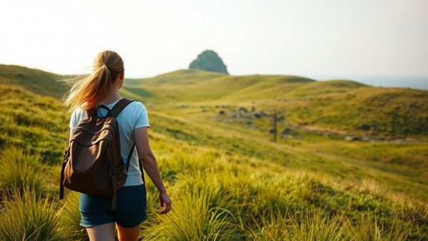 Woman hiking on a grassy hill under a clear sky, exploring nature.