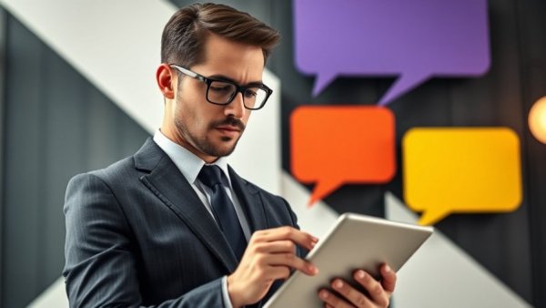 Stylized business professional analyzing data on a tablet with colorful speech bubbles.