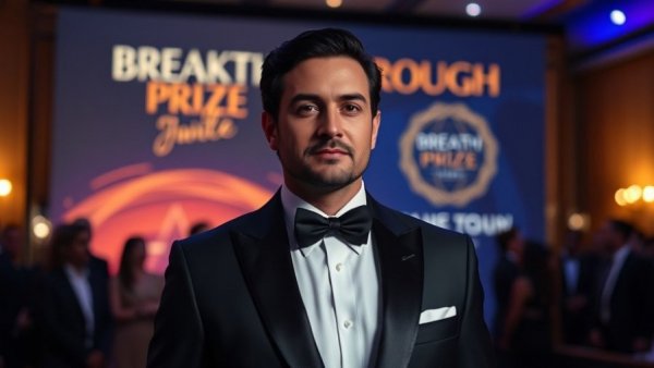 Well-dressed man in tuxedo at Breakthrough Prize event, formal setting.