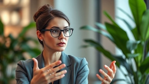 Professional woman discussing longevity strategies, green background.