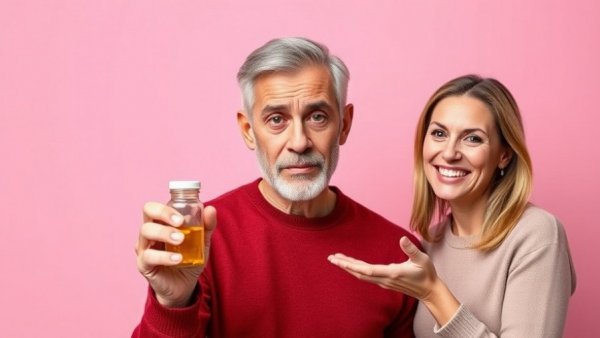 Mature man with pills, woman suggesting an alternative for natural antihistamines for allergies.