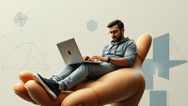 Surreal collage of man working on laptop for local SEO strategies.