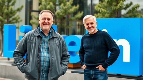 LinkedIn leadership change depicted by two smiling men at headquarters.