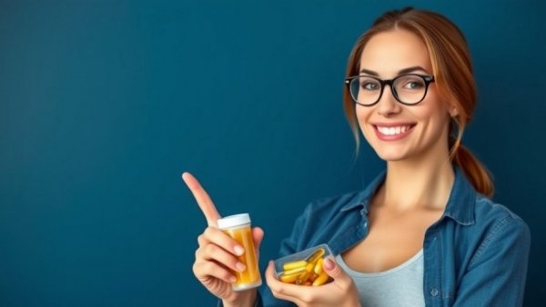 Confident woman with supplements for longevity, explaining benefits.