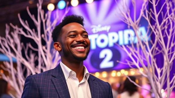 Businessman at movie event with Zootopia 2 backdrop.