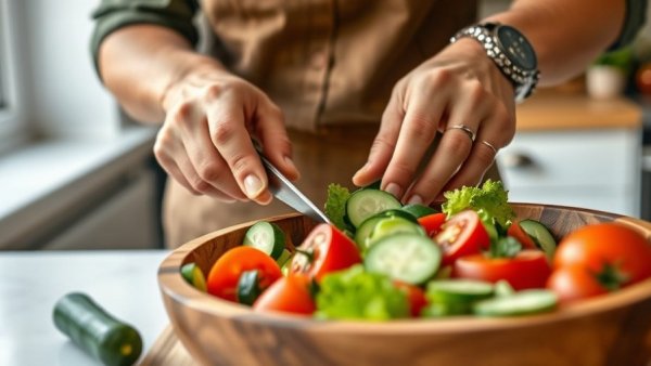 Preparing healthy salad with fresh vegetables to boost life expectancy
