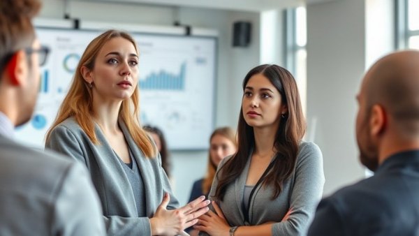 Young woman presenting in office, focused on longevity