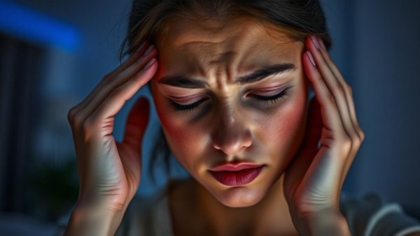 Young woman experiencing eye strain from blue light exposure.