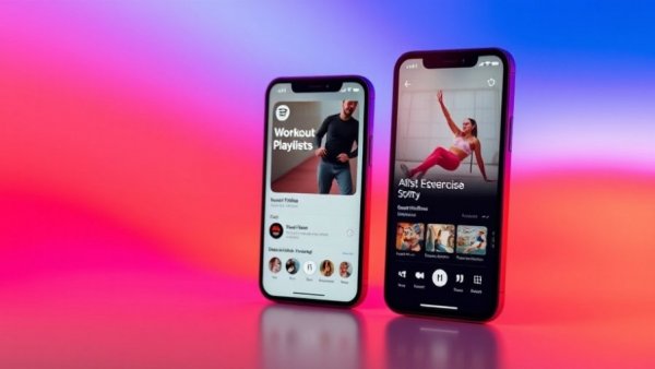 Smartphone screens with Spotify fitness content and workout playlists.