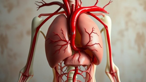 Intricate human organ model with red vascular system, educational anatomy.