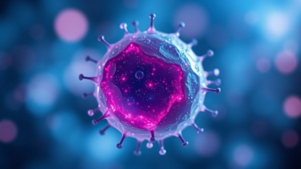 Luminous cell representing cellular senescence and wound healing, glowing background.