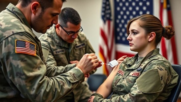 Military personnel giving flu vaccine to soldier in front of U.S. flag.
