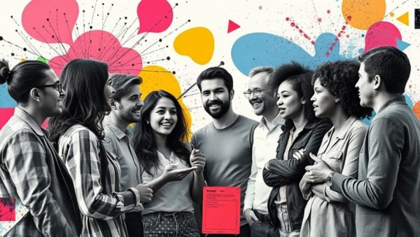 Modern artistic collage of diverse group discussing, SEO under marketing.