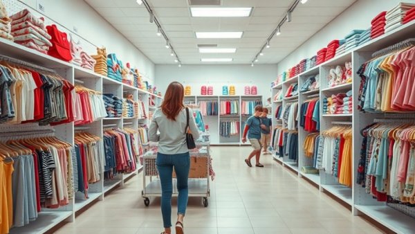 Children's store interior with woman browsing clothes, showcasing organization and variety.
