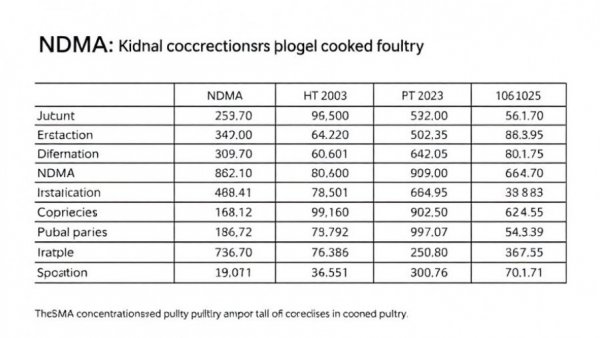 Table showing NDMA levels in cooked poultry related to cancer risks