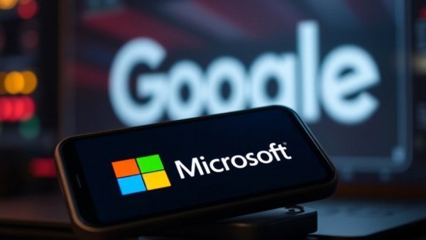 Microsoft logo on phone with Google in background; small business growth.