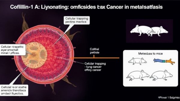 Cofilin-1 and Lung Cancer Metastasis impact diagram, featuring CFL peptide and mouse model.