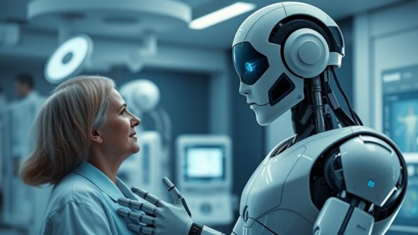 AI robot assists patient in medical center, illustrating AI outperforms human doctors.