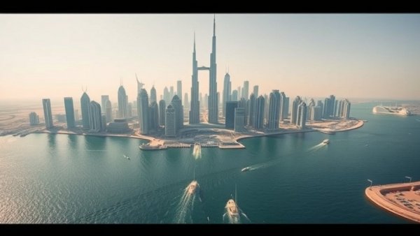 Aerial view of Dubai skyline showcasing iconic buildings and ocean.