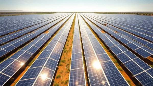 Solar panels reflecting sunlight in a vast field for energy generation.