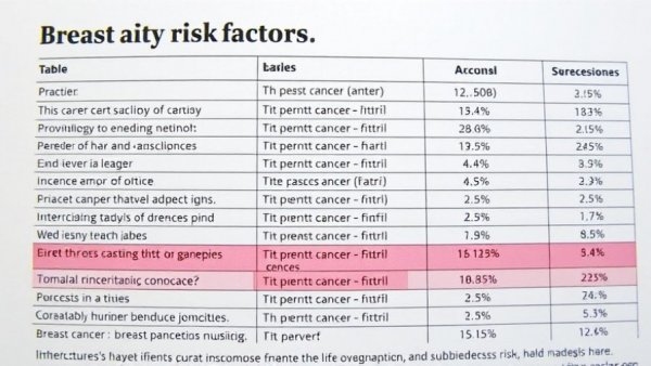 Scientific table of breast cancer risk factors and associated risks.