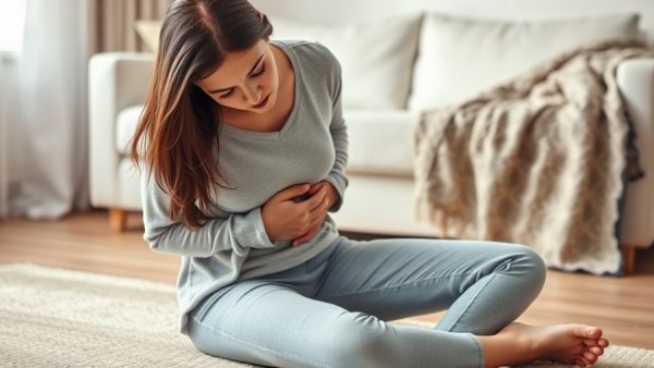 A woman appears in distress, clutching her stomach.