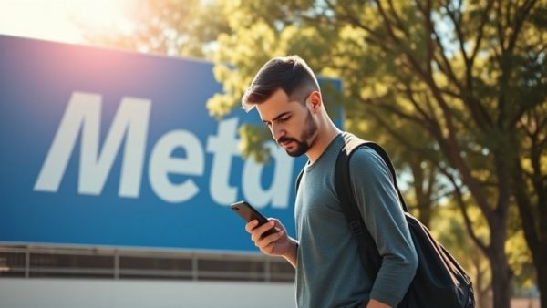 Person passing Meta logo billboard reflecting concern; is Meta dying?