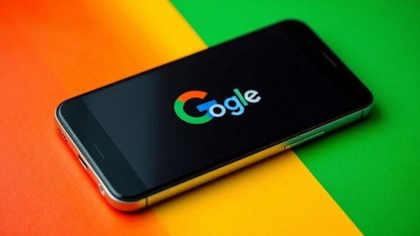 Google logo on smartphone against colorful background.
